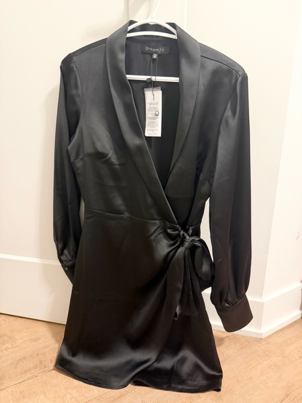 Dynamite Black Satin Wrap Mini Dress with Tie